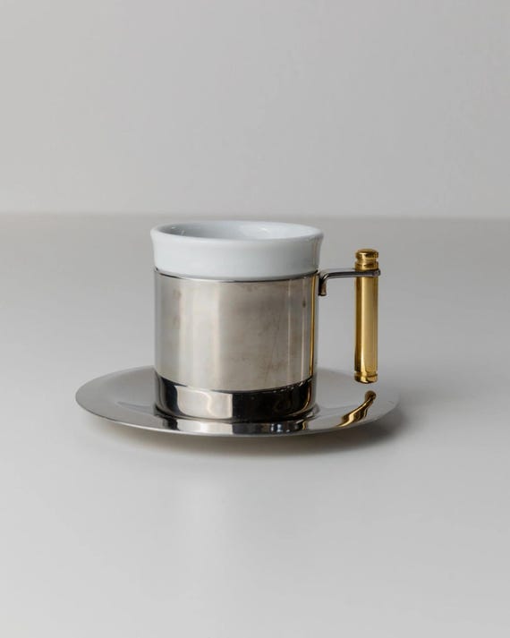 Vintage coffee set by IMCO - 2 cups, saucers, 1 mocha pot, golden details - timeless design Italy 80s, table decoration, gift noble - Image 5