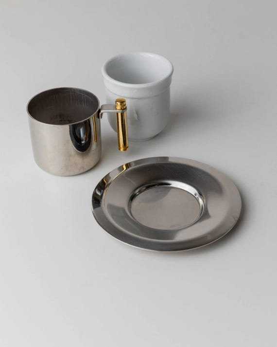 Vintage coffee set by IMCO - 2 cups, saucers, 1 mocha pot, golden details - timeless design Italy 80s, table decoration, gift noble - Image 6