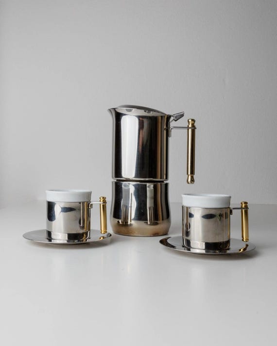 Vintage coffee set by IMCO - 2 cups, saucers, 1 mocha pot, golden details - timeless design Italy 80s, table decoration, gift noble