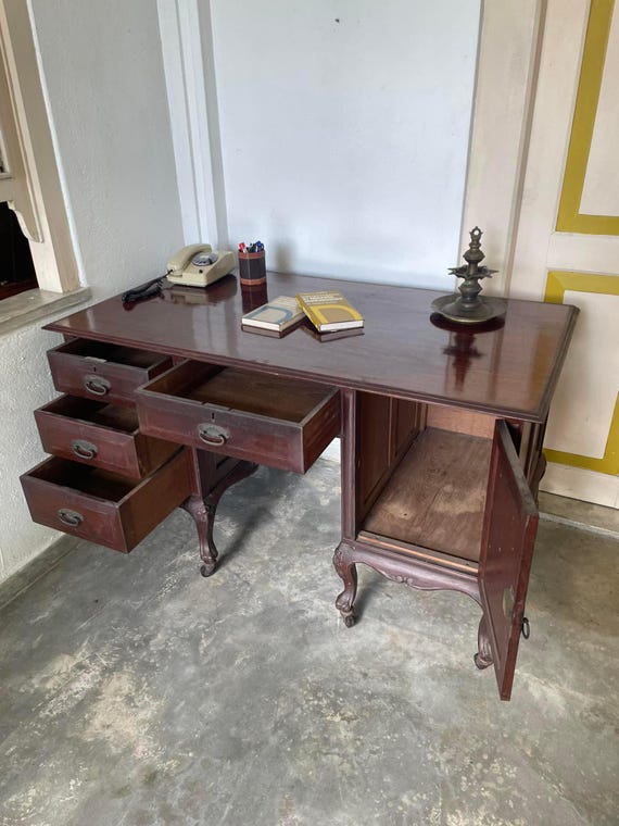 Antique Burmese Teak Writing Table: Victorian Desk with Carved Cupboard - Image 2