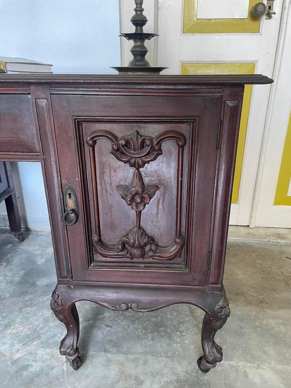 Antique Burmese Teak Writing Table: Victorian Desk with Carved Cupboard - Image 4