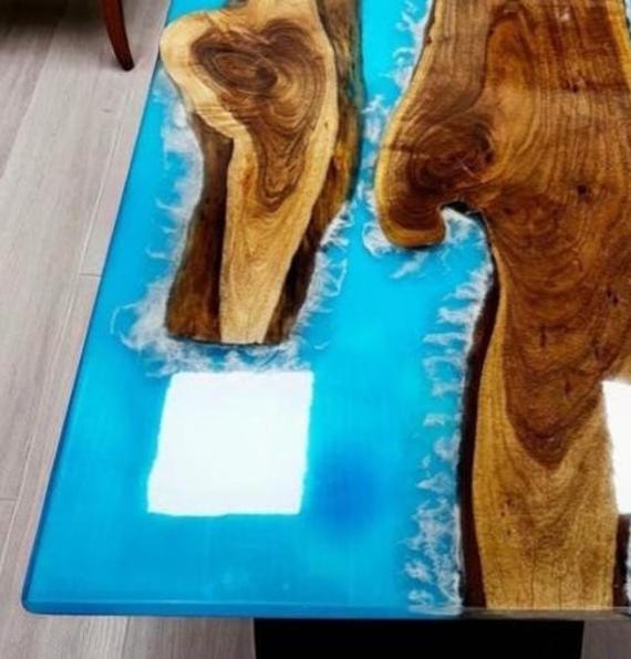Blue Resin Epoxy Dining Table | Live Edge Slab Top with River Design | Handmade Mid-Century Modern Wood and Resin Furniture for Dining Decor - Image 3