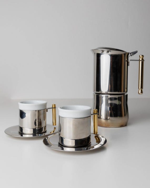 Vintage coffee set by IMCO - 2 cups, saucers, 1 mocha pot, golden details - timeless design Italy 80s, table decoration, gift noble - Image 3