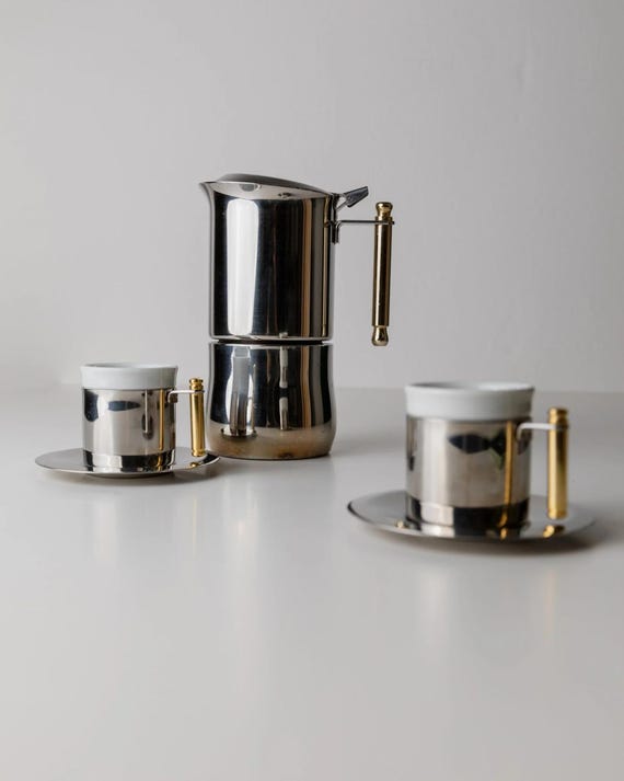 Vintage coffee set by IMCO - 2 cups, saucers, 1 mocha pot, golden details - timeless design Italy 80s, table decoration, gift noble - Image 10