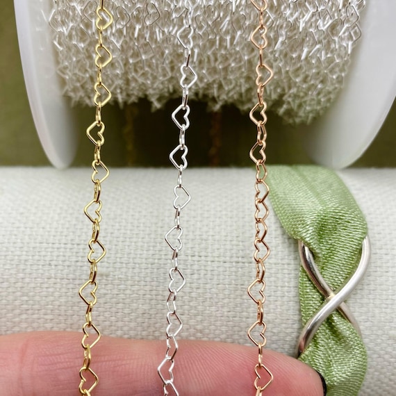 Heart Chain by the Foot - 3.2mm Sterling Silver, 14kt Gold Filled, Rose Gold Filled Heart Chain - Bubble Heart Permanent Jewelry - USA C8