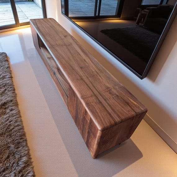 Handcrafted Walnut Wood TV Unit: Rustic Media Console & Storage - Image 5