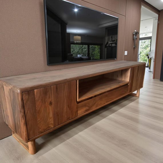 Handcrafted Walnut Wood TV Unit: Rustic Media Console & Storage - Image 2