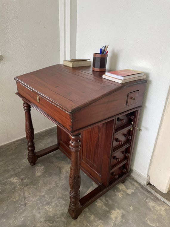 Vintage Jak Wood Davenport Desk: Antique Hinged Writing Desk - Image 4