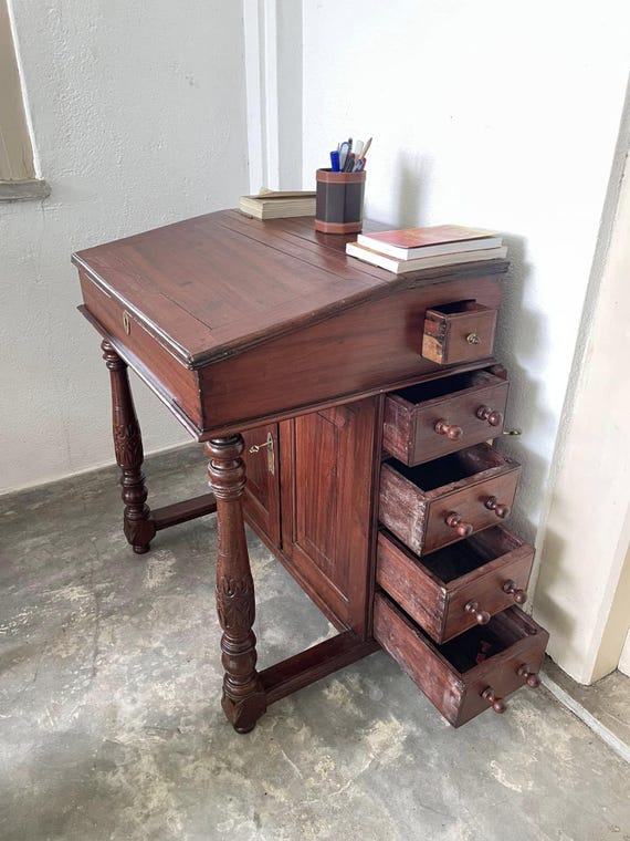 Vintage Jak Wood Davenport Desk: Antique Hinged Writing Desk