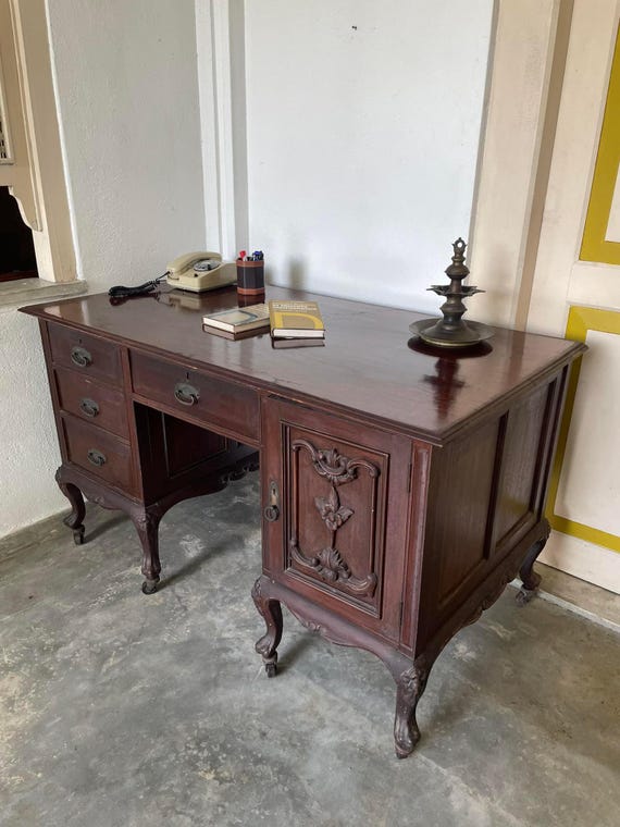 Antique Burmese Teak Writing Table: Victorian Desk with Carved Cupboard