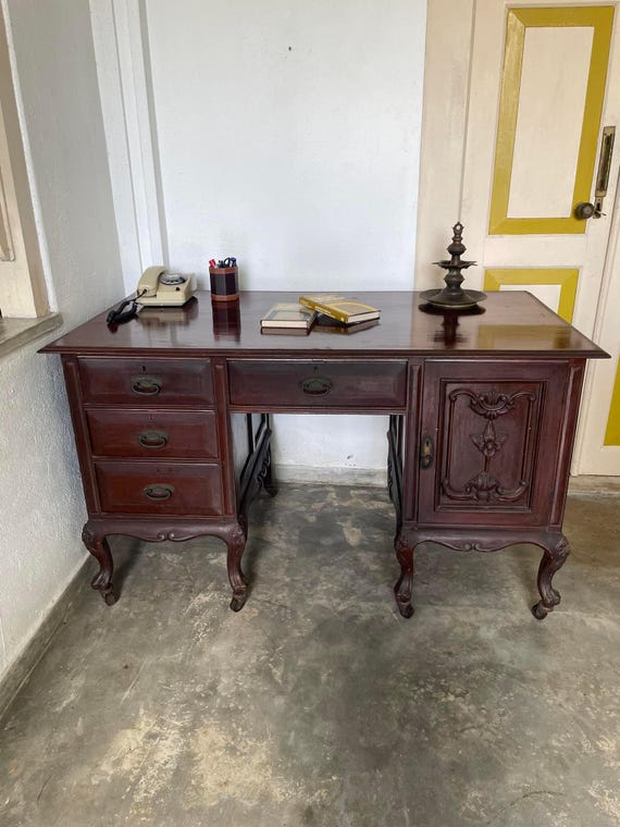 Antique Burmese Teak Writing Table: Victorian Desk with Carved Cupboard - Image 3
