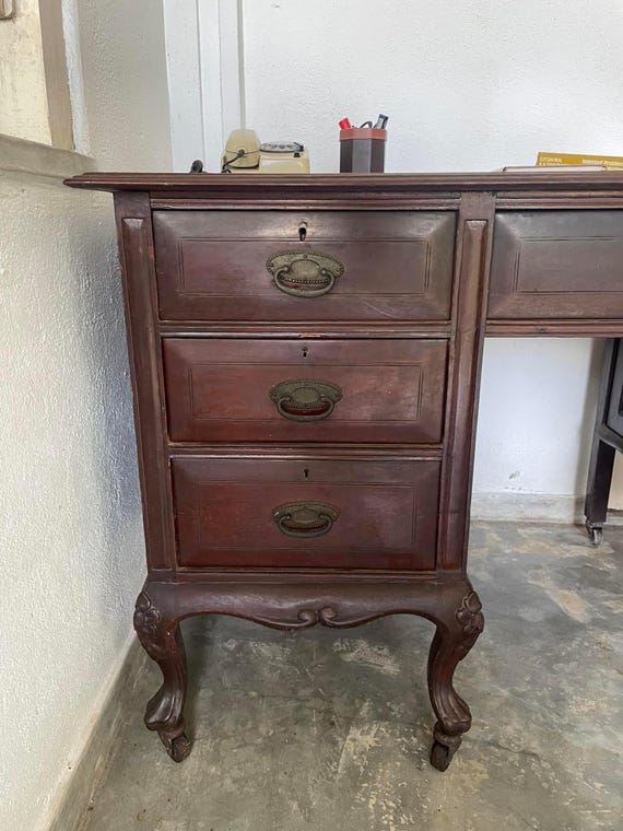 Antique Burmese Teak Writing Table: Victorian Desk with Carved Cupboard - Image 5