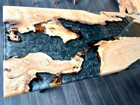 Black Epoxy Resin Dining Table, Mid Century Modern, Custom Made Live Edge Furniture, Acacia Wooden Home Decor, Personalized Unique Gifts - Image 3