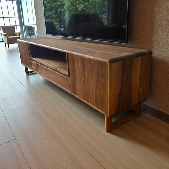 Handcrafted Walnut Wood TV Unit: Rustic Media Console & Storage - Image 3