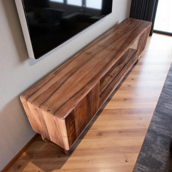 Handcrafted Walnut Wood TV Unit: Rustic Media Console & Storage - Image 4