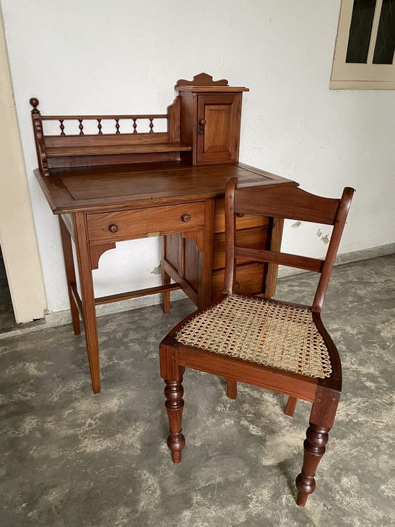 Vintage Burma Teak Writing Table & Chair Set: Mid-Century Modern Desk