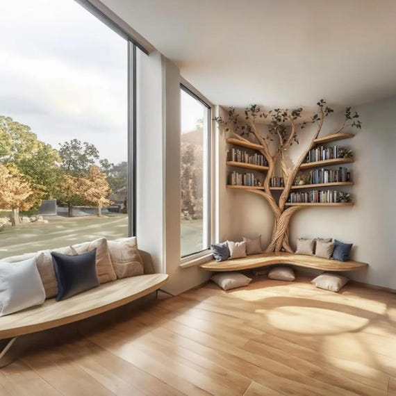 Rustic Tree Branch Floating Corner Shelf with L-Shaped Bench,Handmade Driftwood Wall Shelf Seating,Multi-Functional Home Storage(80"Hx16"D) - Image 5