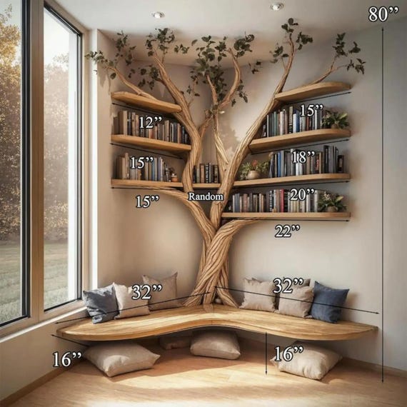 Rustic Tree Branch Floating Corner Shelf with L-Shaped Bench,Handmade Driftwood Wall Shelf Seating,Multi-Functional Home Storage(80"Hx16"D) - Image 2