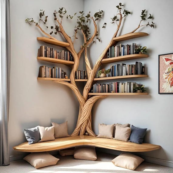Rustic Tree Branch Floating Corner Shelf with L-Shaped Bench,Handmade Driftwood Wall Shelf Seating,Multi-Functional Home Storage(80"Hx16"D)