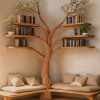 Rustic Tree Bookshelf with Corner Bench | Wooden Reading Nook Seat | Nature-Inspired Furniture for Kids & Adults Living room