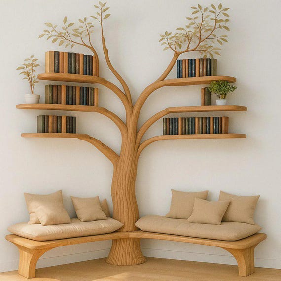 Rustic Tree Bookshelf with Corner Bench | Wooden Reading Nook Seat | Nature-Inspired Furniture for Kids & Adults Living room - Image 2