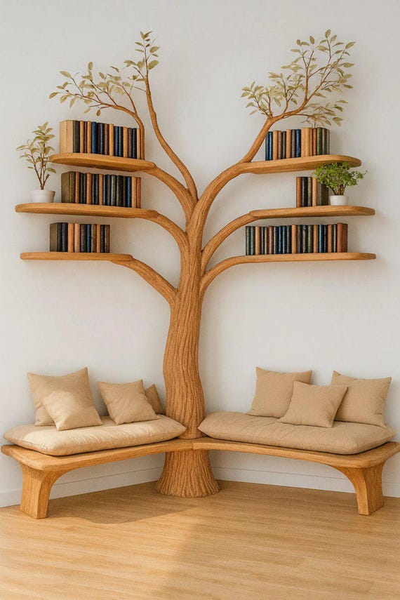Rustic Tree Bookshelf with Corner Bench | Wooden Reading Nook Seat | Nature-Inspired Furniture for Kids & Adults Living room - Image 3