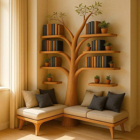 Rustic Tree Bookshelf with Corner Bench | Wooden Reading Nook Seat | Nature-Inspired Furniture for Kids & Adults Living room - Image 4