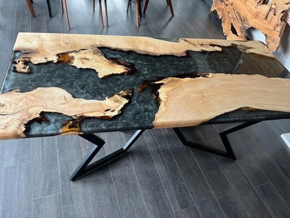Black Epoxy Resin Dining Table, Mid Century Modern, Custom Made Live Edge Furniture, Acacia Wooden Home Decor, Personalized Unique Gifts